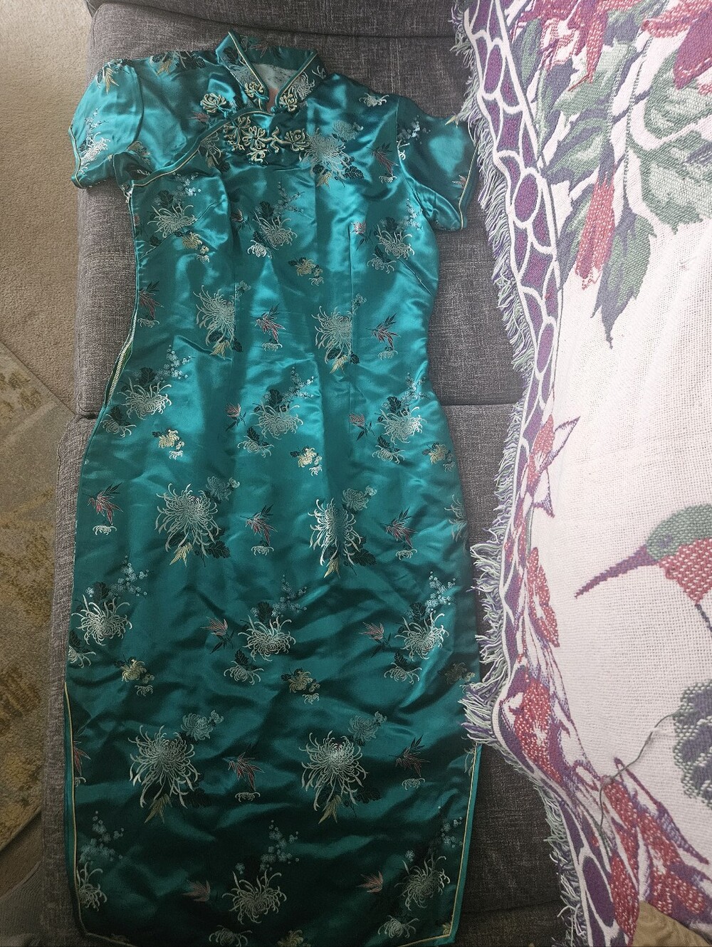 Vintage Teal Satin Qipao Dress. 17ptp